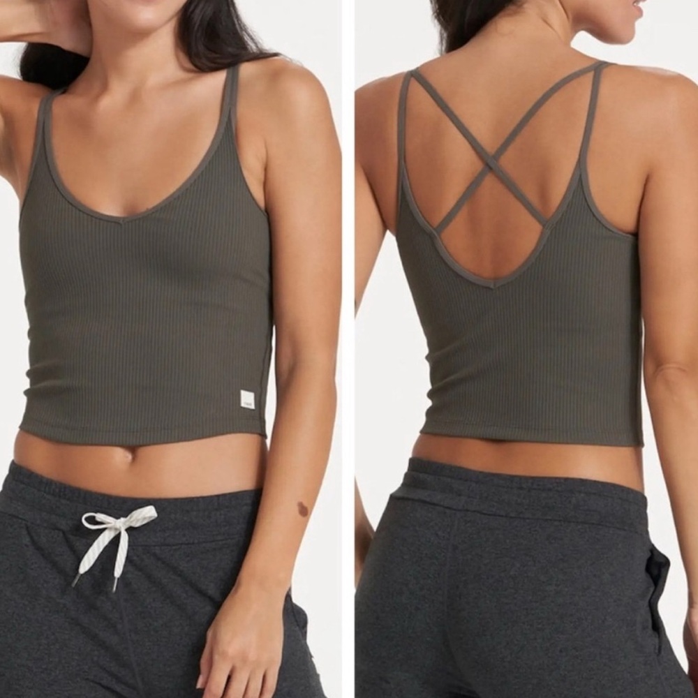 Vuori Ribbed Strappy Crop Tank in Olive